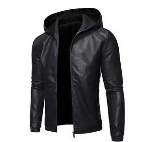 <b>Men's</b> <b>Leather</b> Waterproof Stand Collar Moto <b>Jacket</b> Zipper Closure Slim Fit Windproof Autumn Style Solid Color Regular Length - Product Image 2