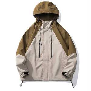 Men's Stand Collar Windproof <b>Jacket</b> Color Blocking PU Coated Casual Outdoor Wear Autumn Regular Fit <b>Zipper</b> Closure Front <b>Pocket</b> - Product Image 1