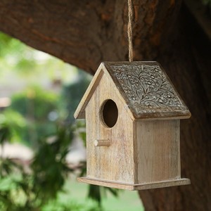 Handcrafted Mango Wood Birdhouse with Carved Roof - Wholesale <b>Garden</b> Decor - Product Image 1