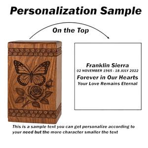 Urna de cremación de madera con diseño de mariposa y rosa, recuerdo conmemorativo hecho a mano para cenizas humanas, tamaño mediano 9x5.5, caja para urna. - Product Image 4