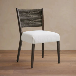 Chaise de salle à manger moderne en teck massif avec corde tressée à la main et assise en tissu rembourré pour un mobilier élégant de restaurant et de café - Product Image 1