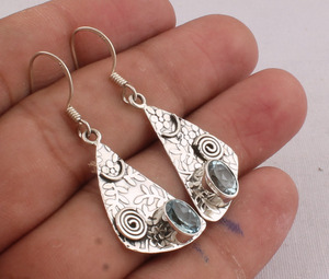 Handmade Antique Finish Blue Topaz Leaf Drop <b>Earrings</b> <b>Solid</b> 925 <b>Silver</b> Botanical Foliage Jewelry Wholesale Jaipur Artisan - Product Image 2