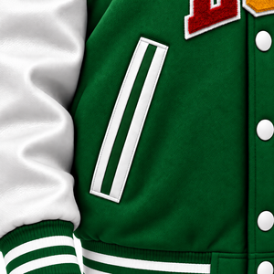 Custom Logo Varsity <b>Jacket</b> <b>Men</b> Green <b>White</b> Embroidered Letter Front Design Regular Fit Autumn Wear Preppy Style - Product Image 6
