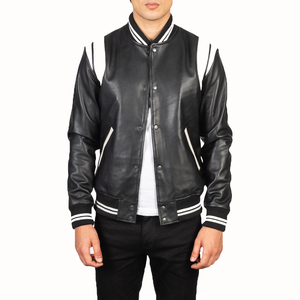 Veste universitaire en cuir noir pour homme avec bordure blanche, coupe classique, décontractée, pour l'automne, col rabattu, simple boutonnage - Product Image 5