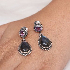 Boucles d'oreilles pendantes en argent sterling 925 de style bohème fait à la main incroyable coupe améthyste Labradorite pour femmes et filles bijoux de mode - Product Image 5
