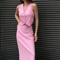 Survêtement deux pièces évasé couleur-rose vente en gros femmes costume de marche fête voile Joint fente gilet Maxi robe ensembles