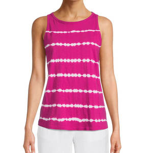 Camiseta sin mangas de punto a rayas con efecto tie-dye rosa para mujer, cuello redondo, informal, transpirable, longitud regular - Product Image 5