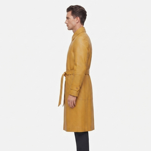 <b>Men's</b> Genuine Leather <b>Long</b> Double Breasted Button Trench <b>Coat</b> with Belt Premium Quality - Product Image 3
