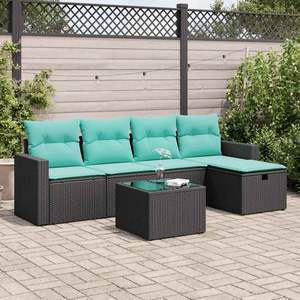 6 Piece <b>Black</b> Poly Rattan Patio <b>Sofa</b> Set With Cushions Outdoor <b>Garden</b> Furniture Waterproof Contemporary Design - Product Image 1