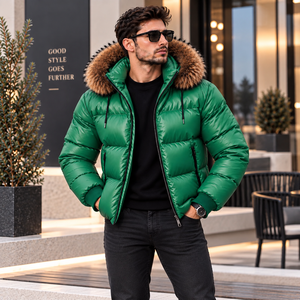 Men's Luxury Puffer Leather Jacket With Detachable <b>Fox</b> <b>Fur</b> Hood | Piumino Lucido Uomo | Chaqueta Brillante | Doudoune Brillante - Product Image 1