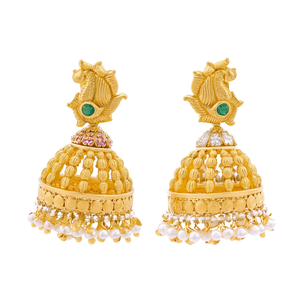 Antique Gold Plated Peacock Jhumka Drop Earrings with Pearl and Zircon - Product Image 2