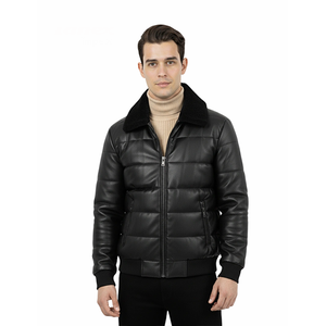 Veste matelassée en cuir noir pour homme, chaude pour l'hiver, avec fermeture éclair et col en fourrure, coupe ajustée, logo personnalisé OEM, vente en gros - Product Image 4
