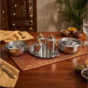 High In Demand Stainless Steel Silver Polished Hammered Texture Ruffoni Cooking <b>Pots</b> Casseroles With Canisters <b>Set</b> From India - Product Image 1