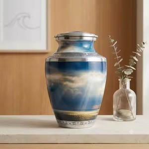 Urne funéraire de haute qualité en métal, grand format, avec paysage de plage au coucher du soleil et bandes florales argentées, pour cendres humaines d'adultes, avec couvercle. - Product Image 5