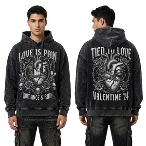 Sudadera con capucha de felpa gruesa para hombre, negra con lavado ácido, diseño de corazón anatómico y estampado gráfico personalizado 'Love Is Pain', estilo streetwear, de fábrica - Product Image 1