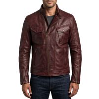 Veste en cuir marron cognac minimaliste d'hiver avec fermeture éclair simple, poche poitrine, fermeture éclair latérale verticale, col à languette boutonnée étroite, élégante