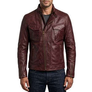 Chaqueta de Cuero Marrón Cognac Minimalista con Cierre de Cremallera Simple en el Pecho, Cremallera Lateral Vertical, Cuello con Pestaña de Botón Estrecha, Chaquetas Elegantes - Product Image 5