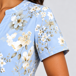 Women's Light Blue Floral Midi <b>Dress</b> Short Sleeve Split Neck Tiered A-Line <b>Pocket</b> Casual Summer <b>Dress</b> Wholesale OEM ODM Clothing - Product Image 5