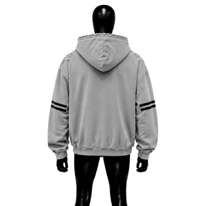 Sweat à capuche gris oversize pour homme avec poche avant et rayures sur les manches, style streetwear, motif graphique, polaire, décontracté, mode hiver - Product Image 2