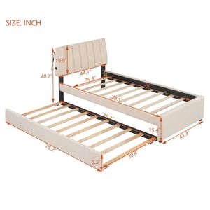 Cama de plataforma tapizada en felpa Teddy color beige, tamaño twin, con cama nido - Product Image 4