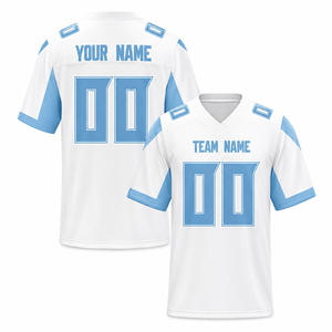Camiseta de Fútbol Americano Personalizada, Blanca y Azul, Cuello en V, Manga Corta, Absorbe la Humedad, Unisex, para Adultos, Impresión Sublimada, Nombre del Equipo, Número - Product Image 1