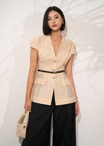 Blazer de Manga Corta con Cuello en V para Mujer, con Cinturón y Botones al Frente, Transpirable, para Oficina, Negocios o Uso Casual - Product Image 1