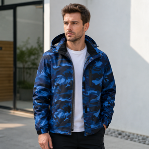 Custom Unisex <b>Waterproof</b> Blue <b>Camo</b> Stand Hooded <b>Jacket</b> High Street Style Heat Transfer Print Zip Front Nylon Outdoor Front Logo - Product Image 4
