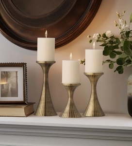 <b>Antique</b> <b>Brass</b> Pillar Candle Holder Set Textured Fluted Metal Handmade Eco-Friendly Durable Home Decor Wedding Dinner Table - Product Image 1