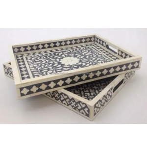 Bandeja de Servicio Premium Azul Octogonal con Incrustaciones de Hueso y Diseño Floral de Vid, Bandeja Decorativa de Lujo Hecha a Mano con Artesanía Elegante - Product Image 2