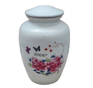 Urne de crémation pour cendres humaines Fabriquée à la main blanche peinte à la main Urne rose rose fleurs adulte 10 "avec sac en velours - Product Image 1