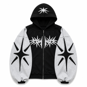Sweat à capuche zippé contrastant pour homme, noir et gris, avec applique étoile, coupe oversize, style streetwear, fournisseur en gros - Product Image 1