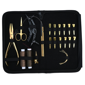 Gold Hair Extension tools Kit with 7 Inch Flat Beads <b>Crimping</b> Plier Pulling Hook Loop Mini Hair Scissor <b>Set</b> Duckdills Clips - Product Image 1