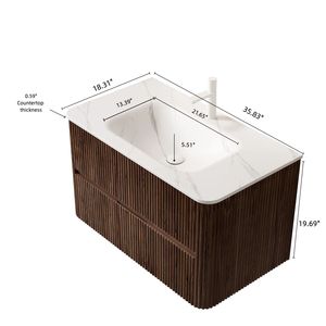 Mueble de Baño Flotante NOOR de 36 Pulgadas con Rayas, de Madera Contrachapada, con 2 Cajones, Piedra Sinterizada Blanca Carrara, Gran Venta, Marca NOOR - Product Image 5