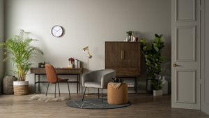 Modern Slatted <b>Wood</b> Office <b>Desk</b> with Industrial Black Metal Frame and Gold-Tipped Legs for Home and Office - Product Image 6