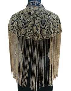 Poncho en maille respirante orné de perles scintillantes pour femme, manches chauve-souris, col mandarin, style vintage, grande taille, pour soirée - Product Image 3