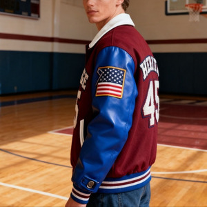 เสื้อแจ็คเก็ตวาร์ซิตี้ผู้ชาย แบรนด์ Men High Street  ผ้าขนสัตว์ หนัง  ปักอักษร  ปักลายเชนิลล์  เสื้อแจ็คเก็ตเบสบอลแบบสั่งทำ - Product Image 4