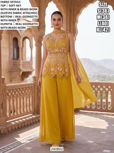 Women's Embroidered Georgette Top Beads Work Floor-Length <b>Palazzo</b> Set Traditional Wedding Wear Regular Fit All Seasons Quick Dry - Product Image 3