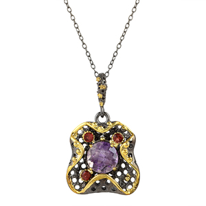 Collar de Plata de Ley 925 con Baño de Oro y Rodio Negro, Diseño con Dije de Amatista y Granate, Joyería Fina para Mujer - Product Image 1