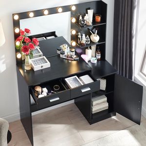 46.4IN Makeup Vanity Desk with Mirror Lights 3-Level Dresser 2 Large Vertical Organizers 2 Large Drawers <b>Dressing</b> <b>Table</b> <b>Storage</b> - Product Image 4
