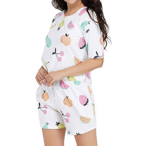 Ensemble short 2 pièces pour femmes, en coton, imprimé fruits, col rond, manches courtes, coupe ample, tenue décontractée printemps-été avec poches - Product Image 4