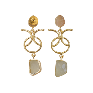 Boucles d'oreilles pendantes plaquées or avec double pierre en quartz rose semi-précieux et calcédoine rose-blanc, bijoux en pierres précieuses naturelles - Product Image 4