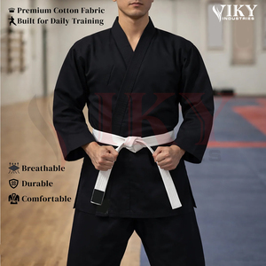 Tenue d'arts martiaux respirante de haute qualité, résistante, service OEM ODM, uniforme de karaté en toile noire avec ceintures blanches - Product Image 6