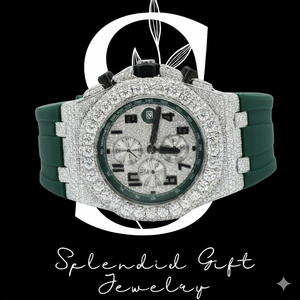 Montre de luxe en diamant naturel brillant, argent sterling 925 massif et bracelet en caoutchouc de couleur verte pour homme - Product Image 1