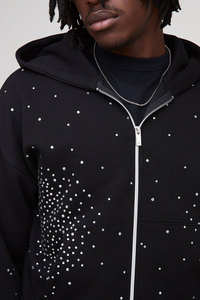 High Demanding Tall Shrunken Rhinestone <b>Black</b> Men <b>Zip</b> <b>Hoodie</b> & Jogger Set Breathable Cotton Blended Rhinestone Men Tracksuit - Product Image 2