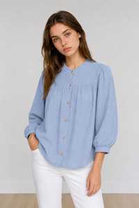 Blusa plisada vintage bohemia con cuello mandarín y tirantes finos para mujer |   Camiseta de Manga Corta 100% Algodón Orgánico Ecológico - Product Image 5