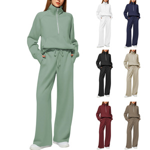 Conjunto Casual de Dos Piezas para Mujer: Sudadera Oversize con Media Cremallera y Pantalones Deportivos de Pierna Ancha, Diseño Liso - Product Image 1