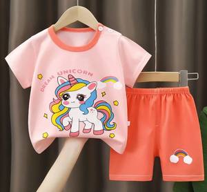 Conjunto de Dos Piezas para Bebés y Niños, Camiseta de Verano de Manga Corta de Algodón con Cuello Redondo, Diseño Liso, Estilo Casual - Product Image 3