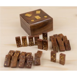 Jeu de dominos en bois fait main, ensemble de dominos vintage en bois avec incrustations en laiton, boîte personnalisée, jeu de société classique, jouets familiaux, cadeau, dominos - Product Image 1