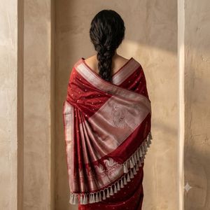 Royal <b>Red</b> Banarasi Silk Long Shawl <b>Saree</b> by NIRMETRA Women's Durable Daily Use All Seasons - Product Image 3