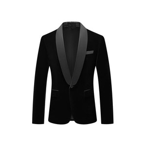 Blazer de terciopelo negro para hombre, corte regular, estilo británico, con solapa con muescas, tela tejida antiencogimiento - Product Image 1